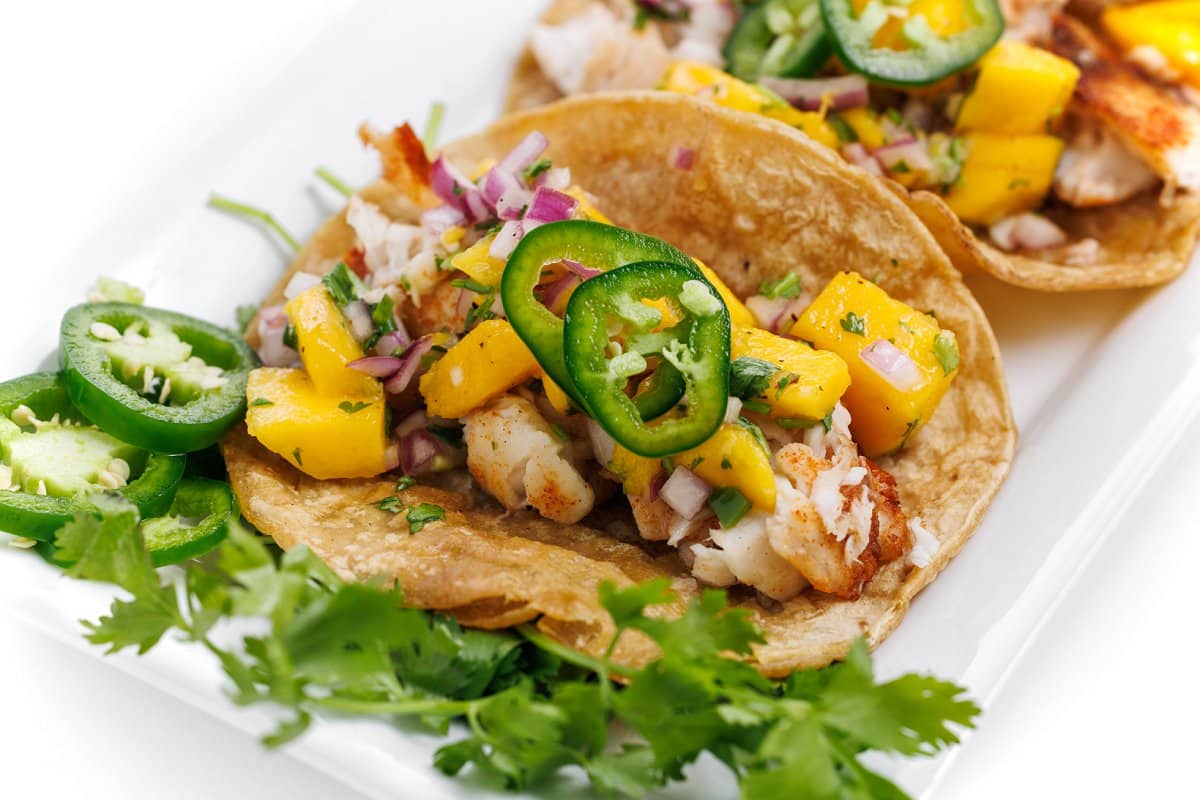 Fish tacos with mango salsa.