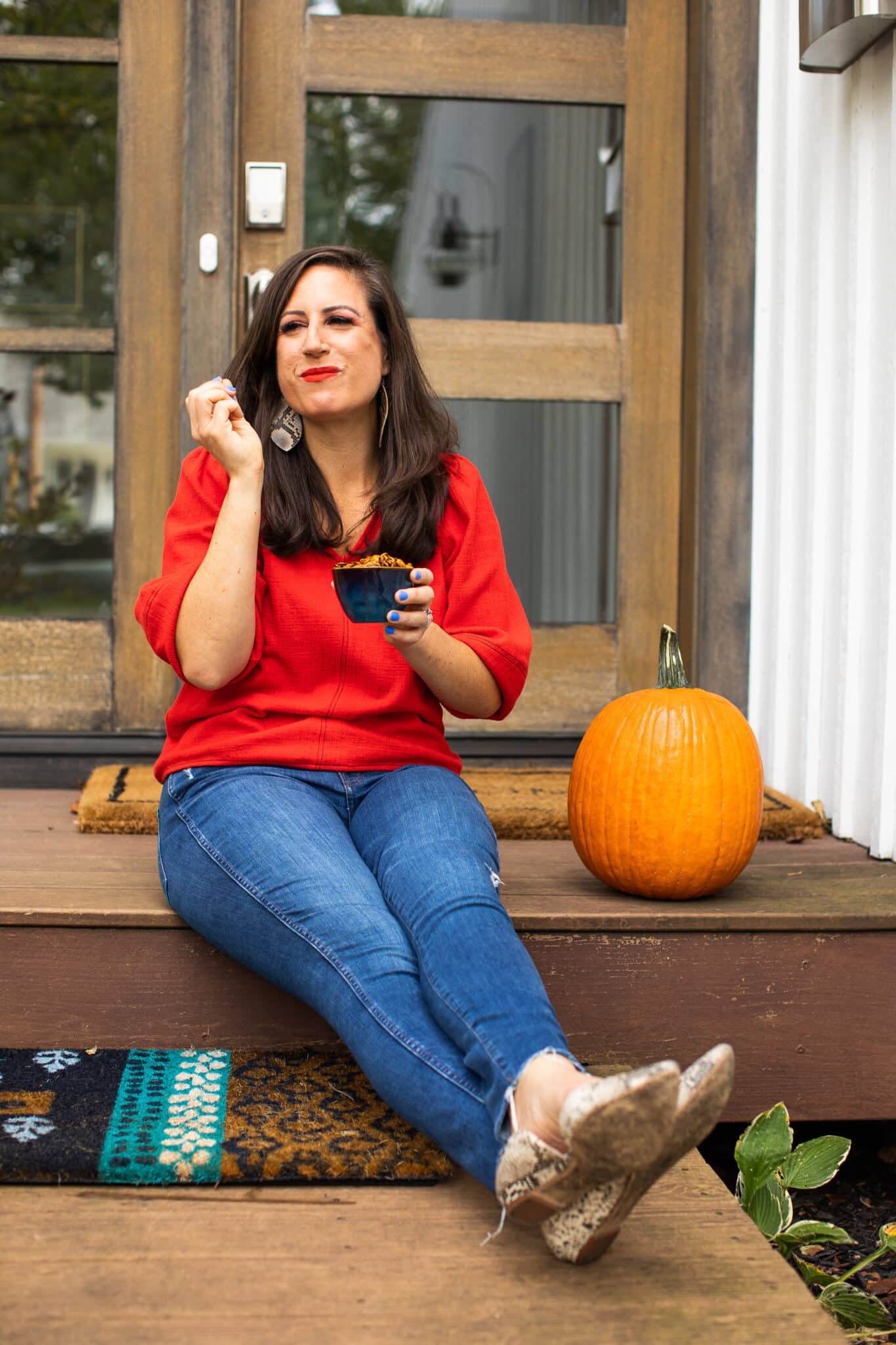 Liz eating pumpkin seeds.