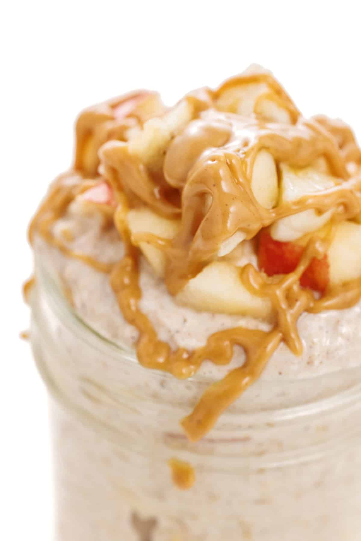 Close up of apple peanut butter overnight oats.