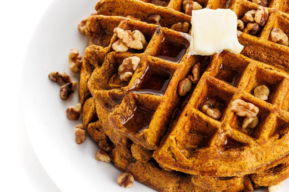 Closeup of healthy pumpkin waffles