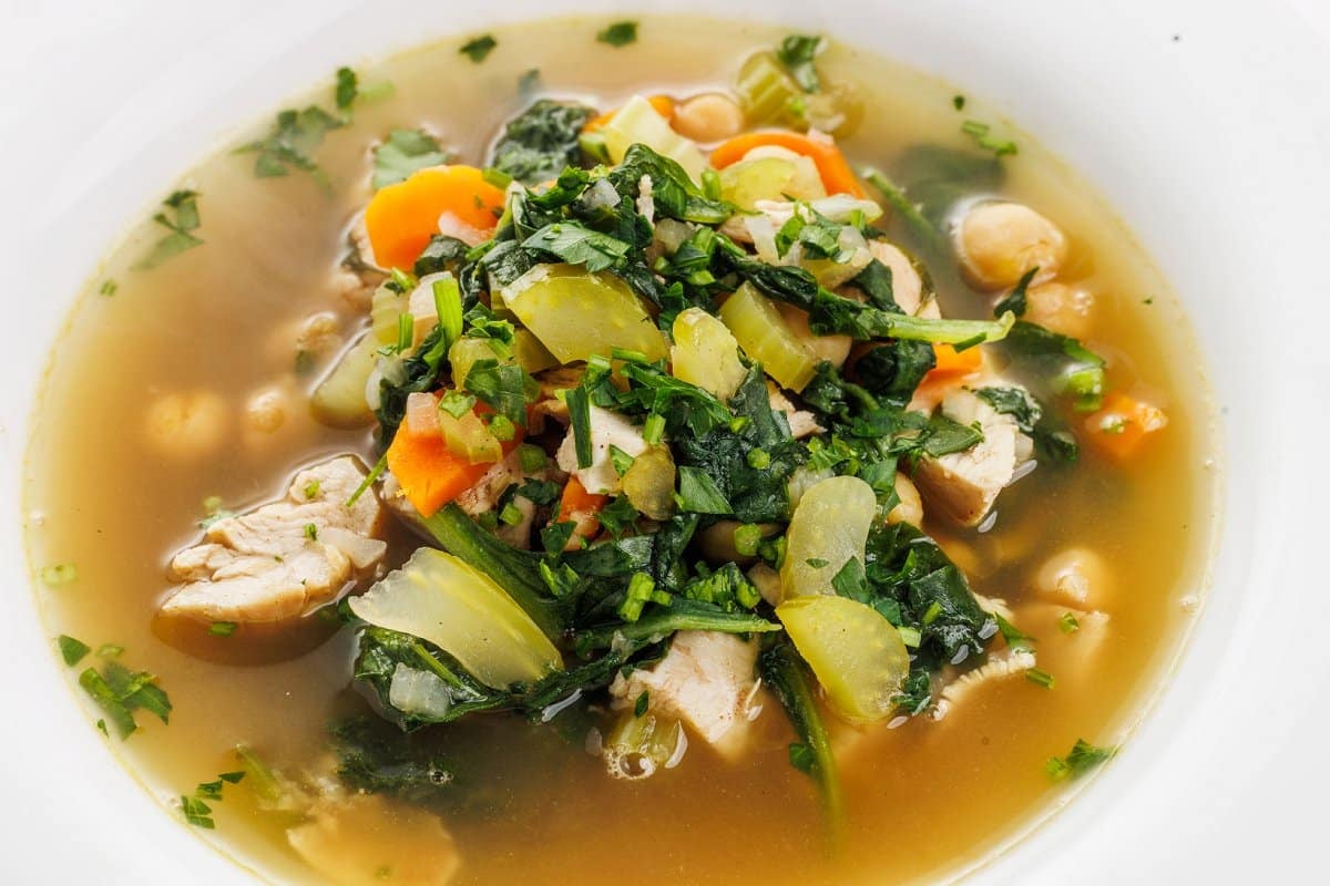 Easy chicken soup with greens up close