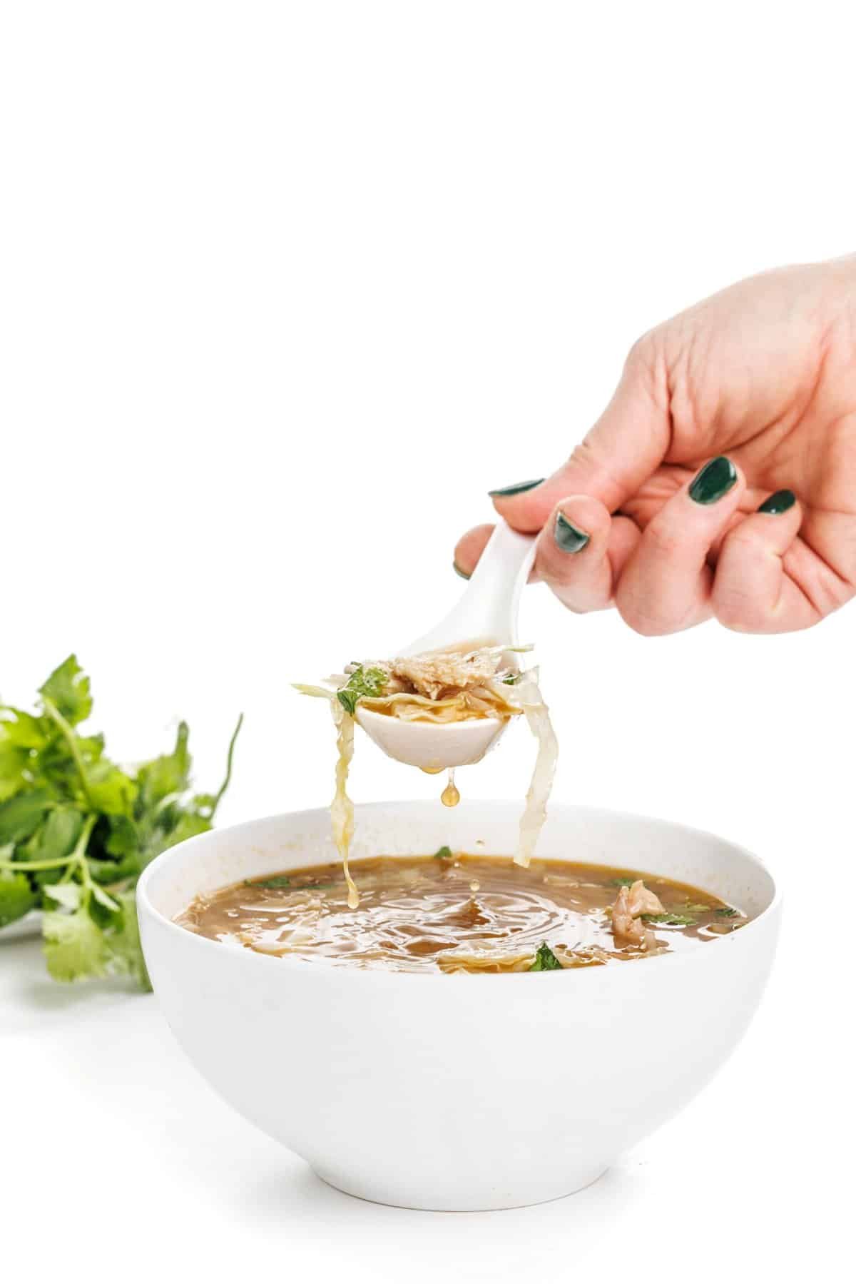 Spoonful of asian chicken soup with cabbage.