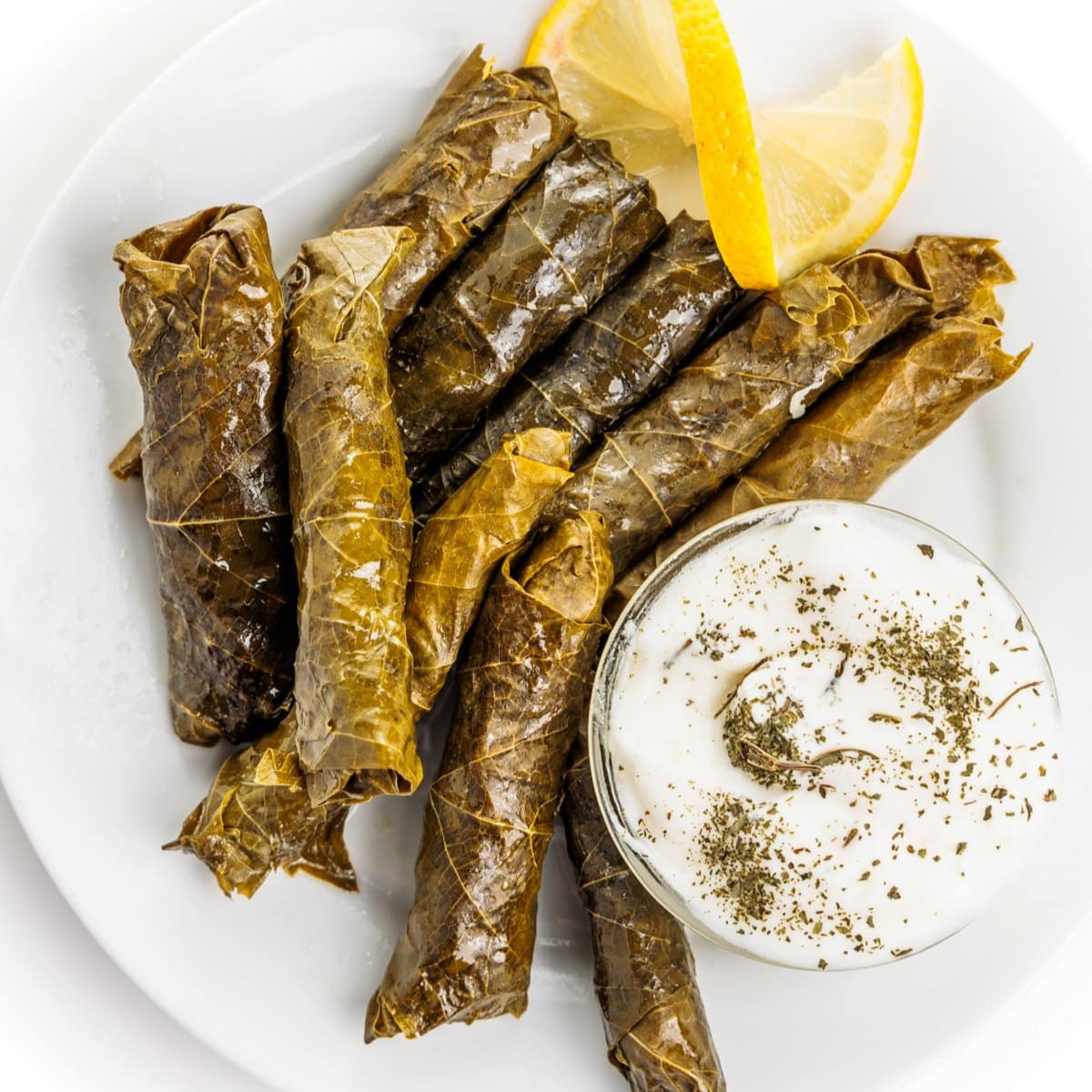 Lebanese meat stuffed grape leaves on a plate with a slice of lemon.
