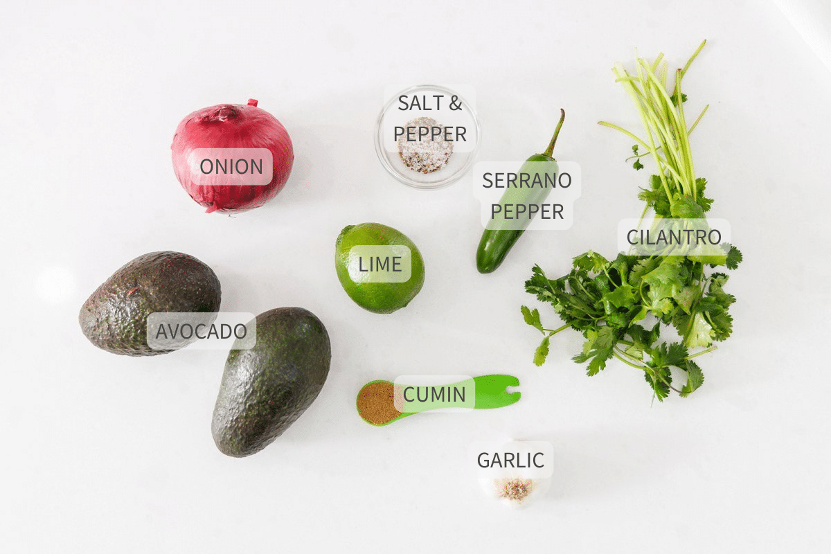Labeled ingredients for easy guacamole.