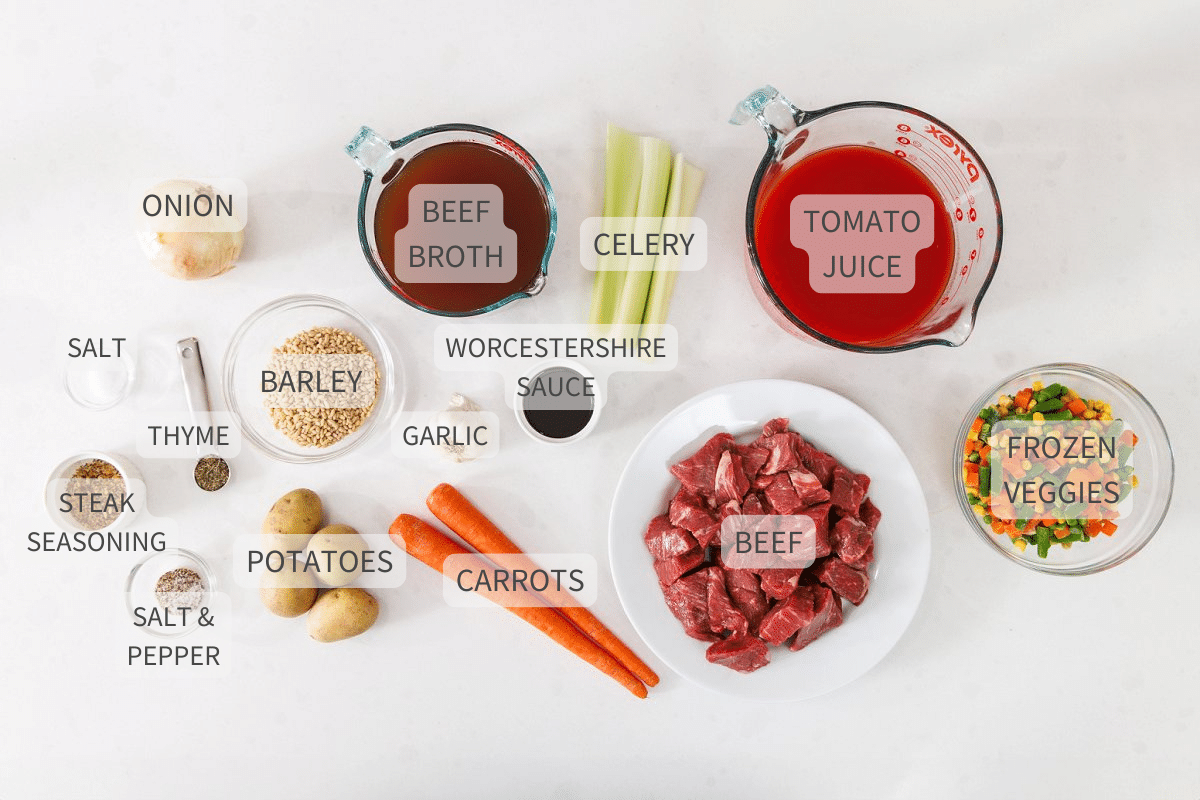 Labeled ingredients for vegetable beef stew on a white counter.