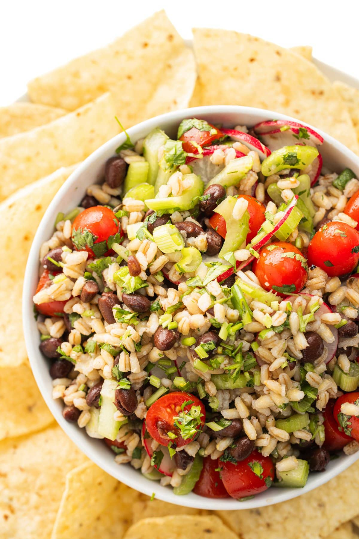 Black bean and barley salad in a bowl served with tortilla chips.