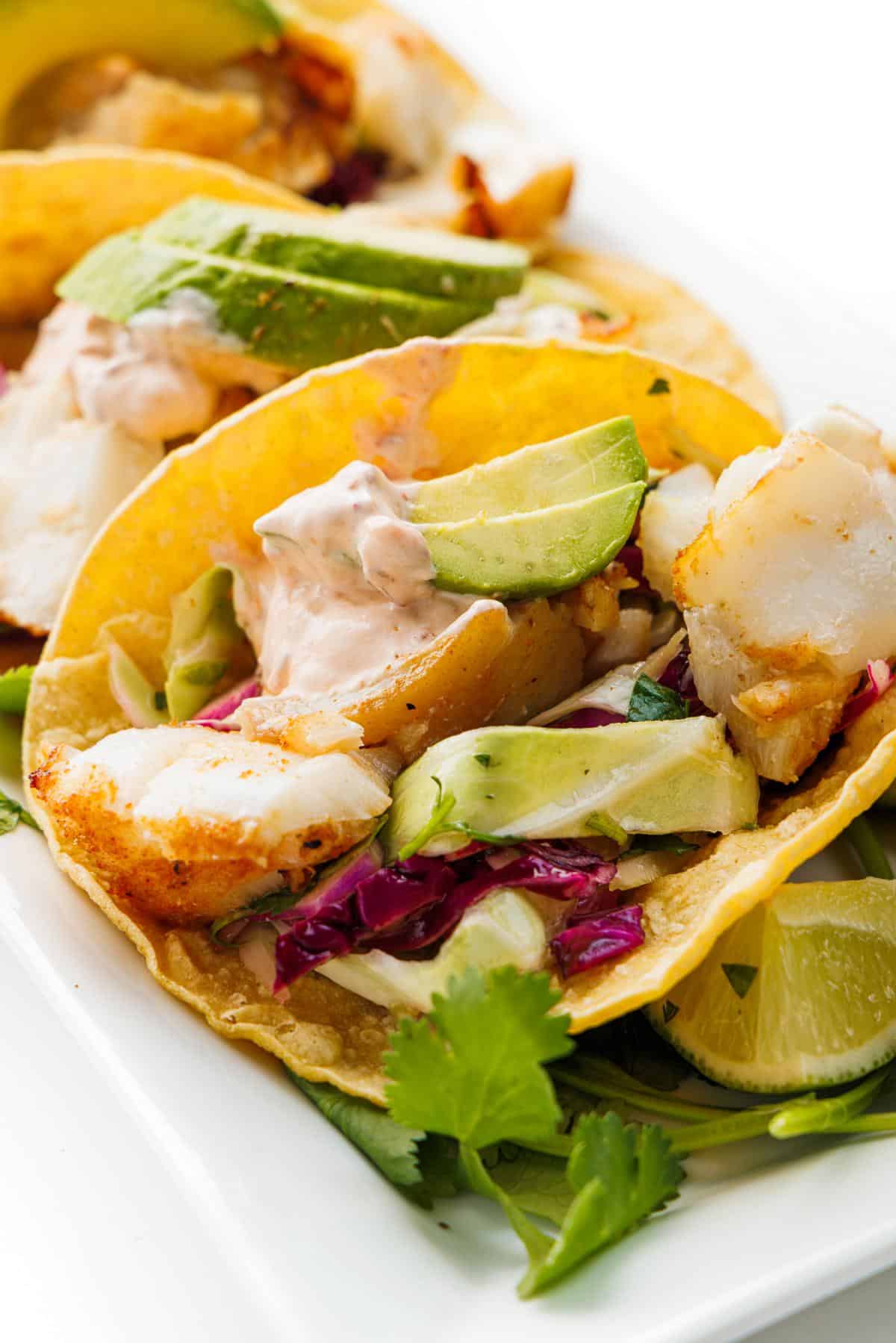 Grilled baja fish tacos with fresh lime and cilantro.