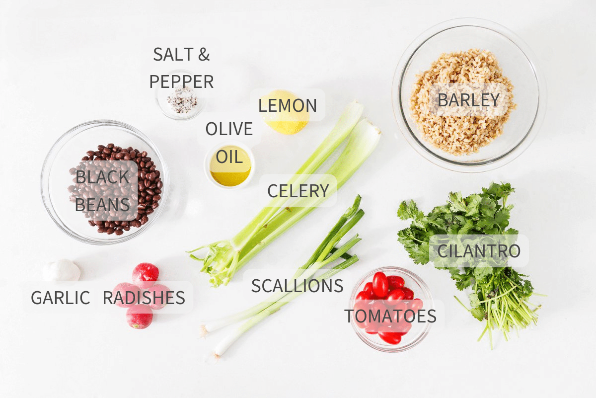 Labeled ingredients for black bean and barley salad.