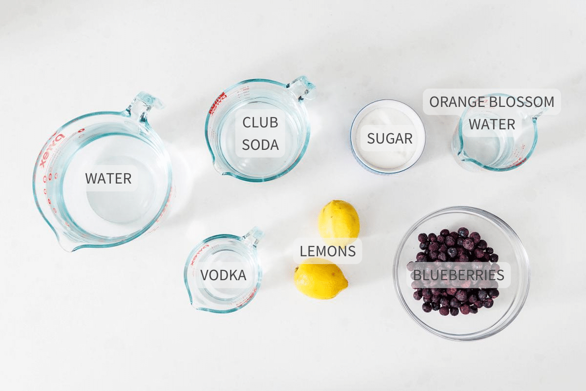 Labeled ingredients for homemade blueberry vodka lemonade on a white counter.