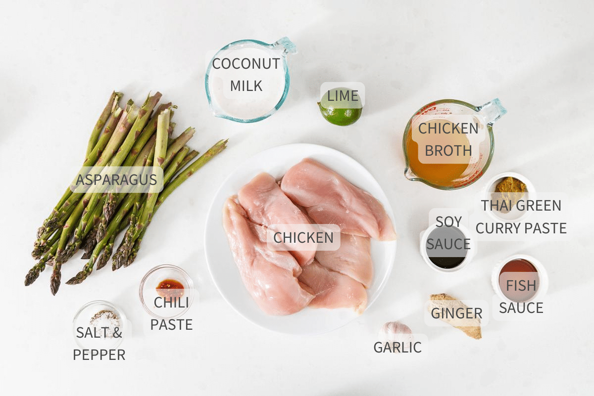 Labeled ingredients for thai green curry chicken with asparagus.