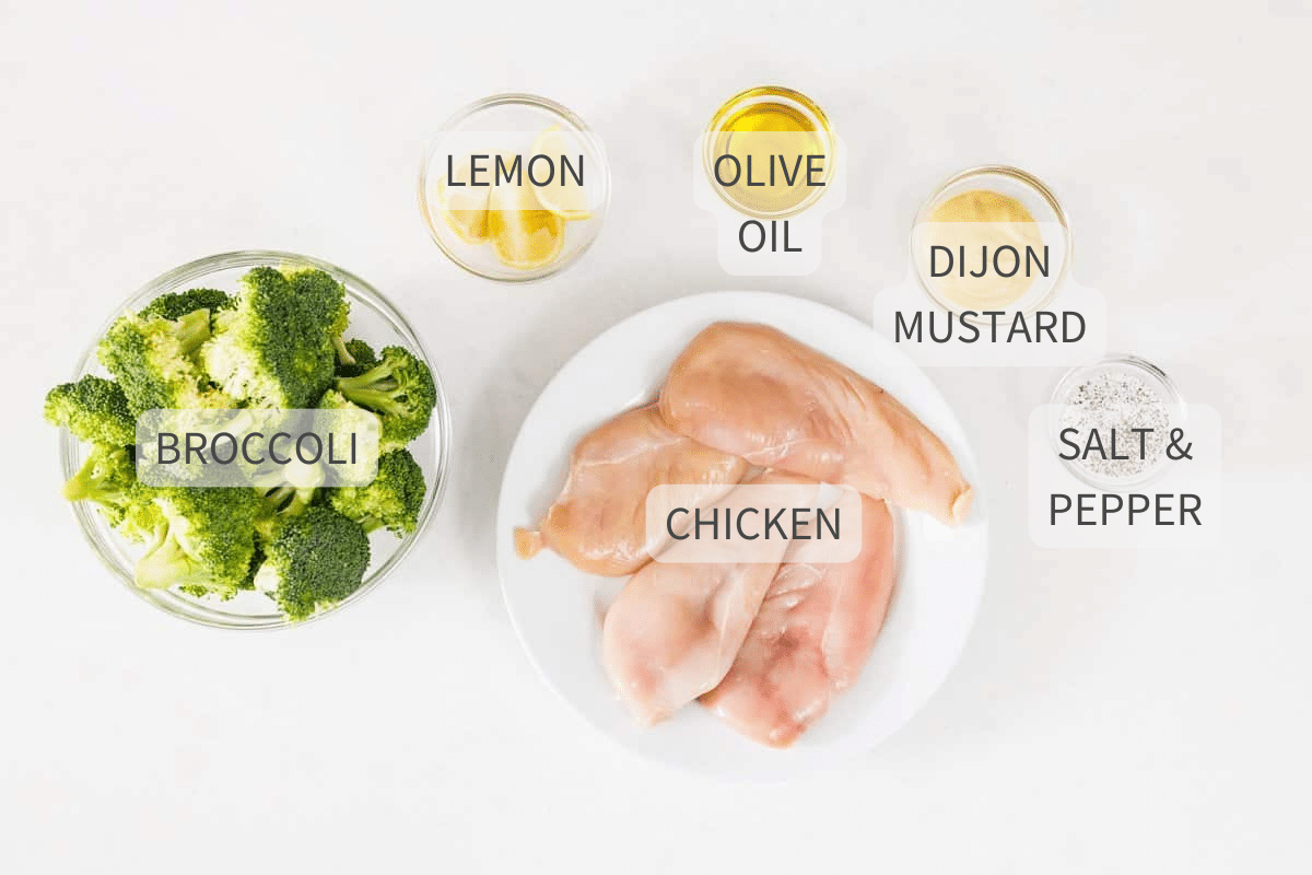 Labeled ingredients for one-pan roasted chicken and broccoli.